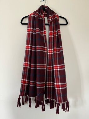 Abercrombie Plaid Scarf Womens Red Burgundy Tartan Fringe Cozy Fall Preppy
